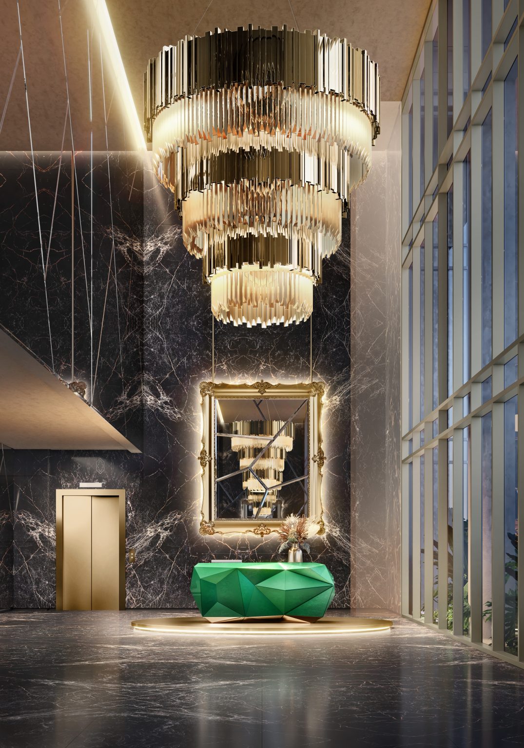 Lobby do PETRA by Boca do Lobo com pé-direito alto, lustre dourado e aparador facetado esmeralda da Boca do Lobo, perspectiva ilustrada