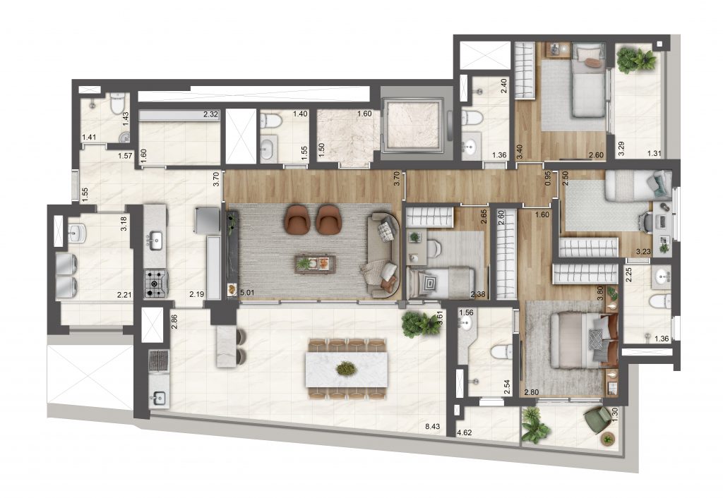 Planta do PETRA by Boca do Lobo: Planta tipo de 162 m², 4 dormitórios sendo 2 suítes. Sugestão de decoração.
