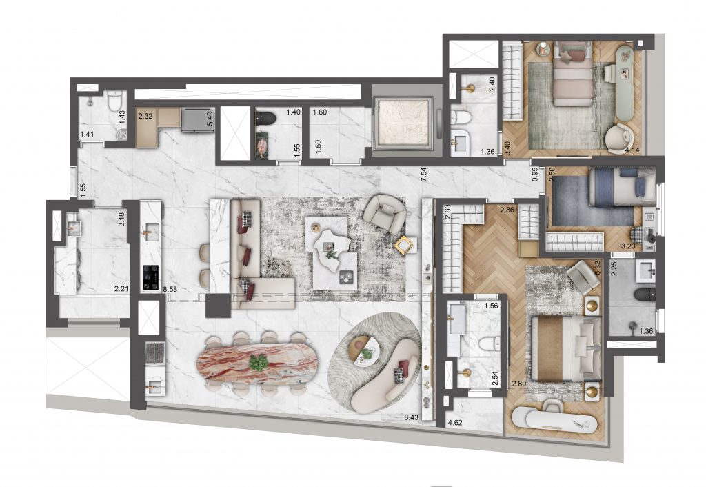 Planta do PETRA by Boca do Lobo: Planta opção de 162 m² com 3 suítes e living ampliado. Sugestão de decoração.
