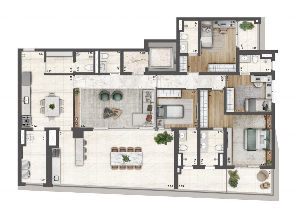 Planta do PETRA by Boca do Lobo: Planta tipo de 199 m² com 4 suítes. Sugestão de decoração.