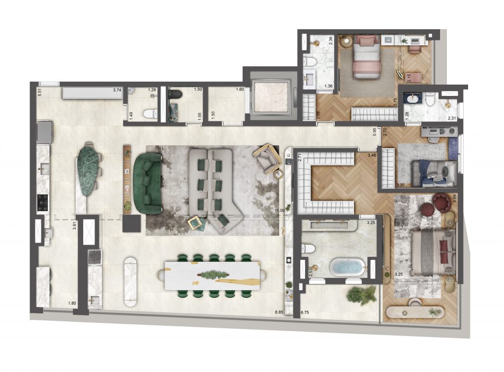 Planta do PETRA by Boca do Lobo: Planta opção de 199 m² com 3 suítes. Sugestão de decoração.